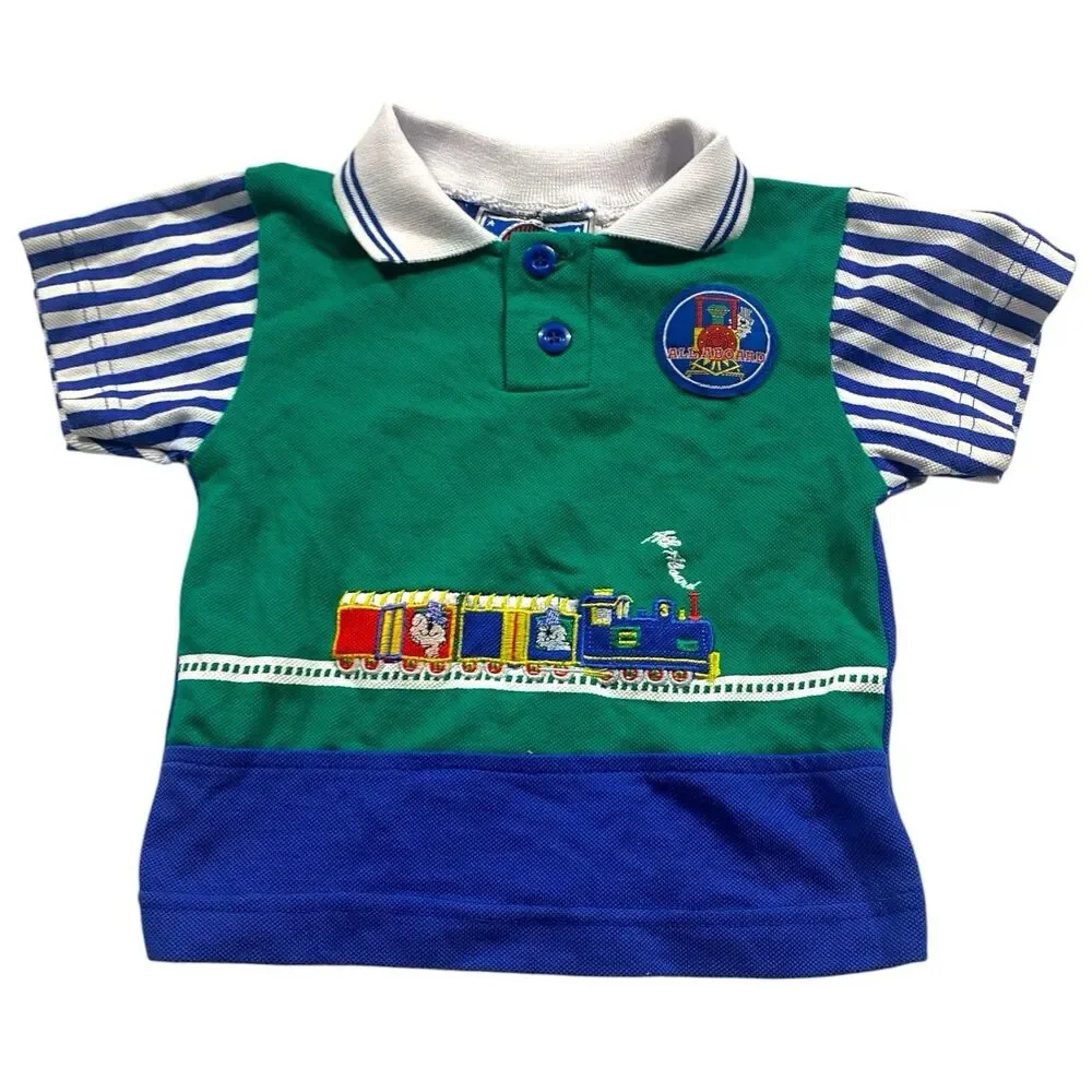 Vintage Buddy Boys Baby Boy 2pc Polo Shorts Set 18 Months Train Embroidered 90s